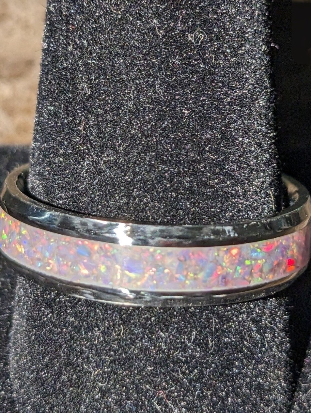 Crushed Genuine White Fire Opal Inlay Ring
